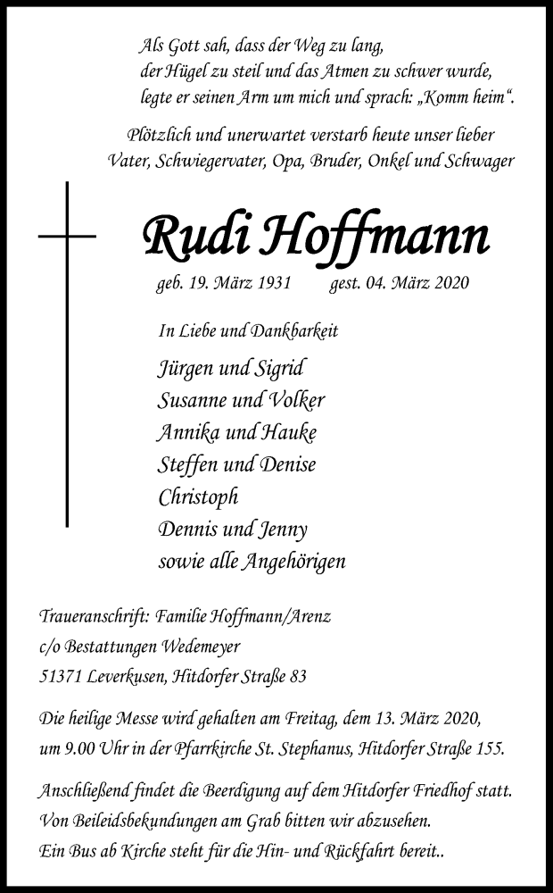  Traueranzeige für Rudi Hoffmann vom 07.03.2020 aus Kölner Stadt-Anzeiger / Kölnische Rundschau / Express