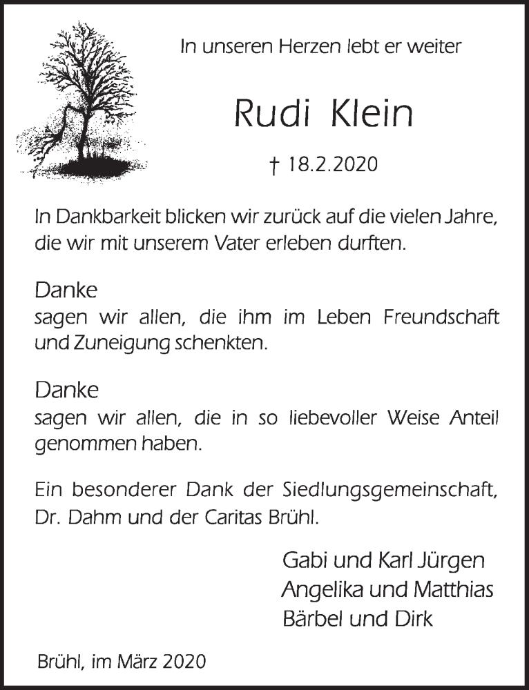  Traueranzeige für Rudi Klein vom 18.03.2020 aus  Schlossbote/Werbekurier 