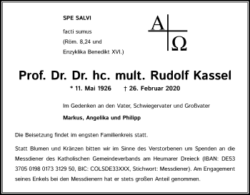 Anzeige von Rudolf Kassel von Kölner Stadt-Anzeiger / Kölnische Rundschau / Express