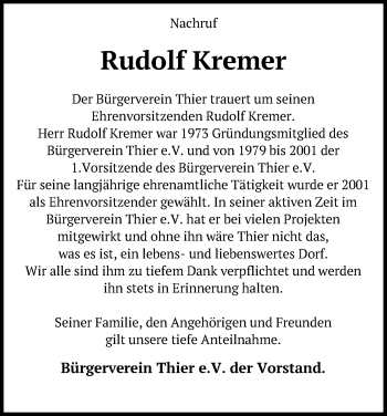 Anzeige von Rudolf Kremer von Zeitungsgruppe Köln