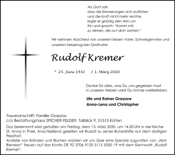 Anzeige von Rudolf Kremer von Kölner Stadt-Anzeiger / Kölnische Rundschau / Express