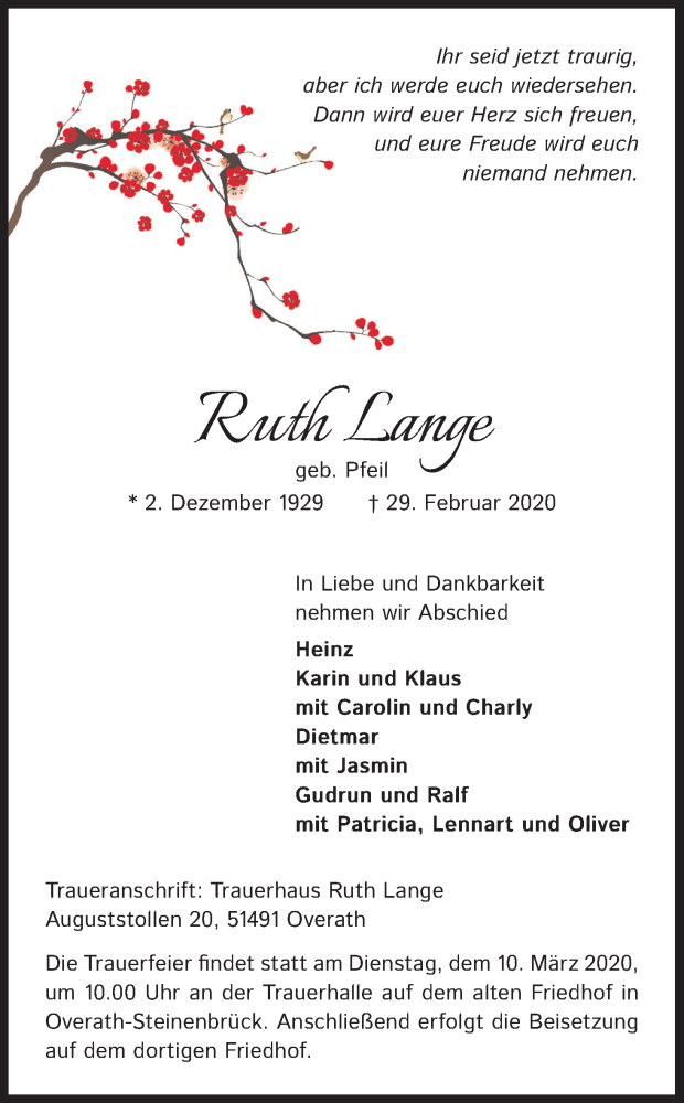  Traueranzeige für Ruth Lange vom 04.03.2020 aus Kölner Stadt-Anzeiger / Kölnische Rundschau / Express