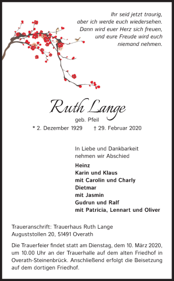 Anzeige von Ruth Lange von Kölner Stadt-Anzeiger / Kölnische Rundschau / Express
