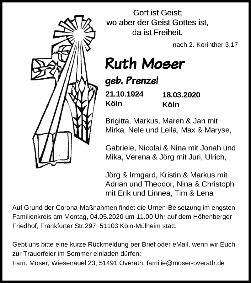  Traueranzeige für Ruth Moser vom 25.03.2020 aus Kölner Stadt-Anzeiger / Kölnische Rundschau / Express
