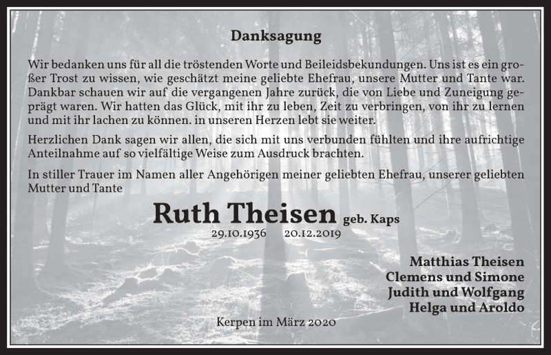  Traueranzeige für Ruth Theisen vom 04.03.2020 aus  Werbepost 
