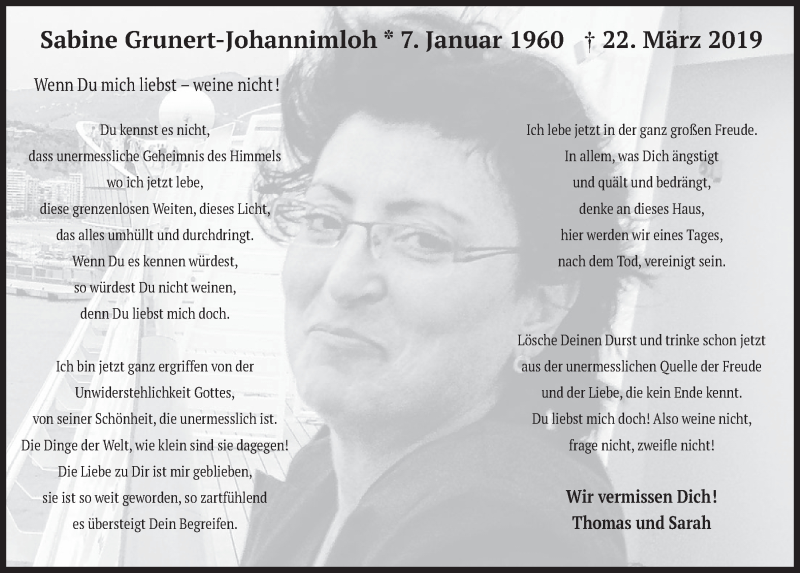  Traueranzeige für Sabine Grunert-Johannimloh vom 21.03.2020 aus  Sonntags-Post 