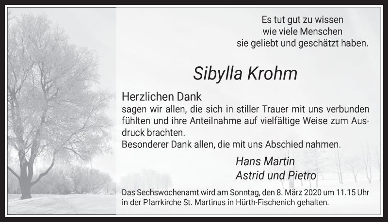  Traueranzeige für Sibylla Krohm vom 04.03.2020 aus  Wochenende 