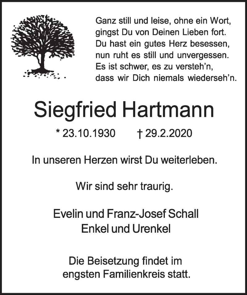 Traueranzeige für Siegfried Hartmann vom 11.03.2020 aus  Kölner Wochenspiegel 
