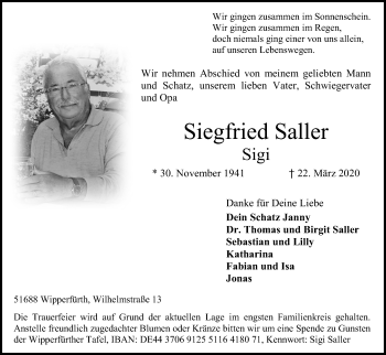 Anzeige von Siegfried Saller von Kölner Stadt-Anzeiger / Kölnische Rundschau / Express