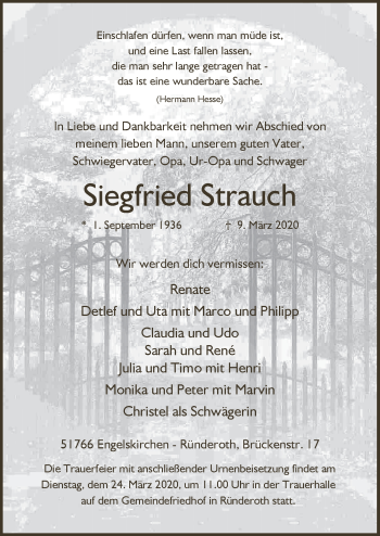 Anzeige von Siegfried Strauch von  Anzeigen Echo 
