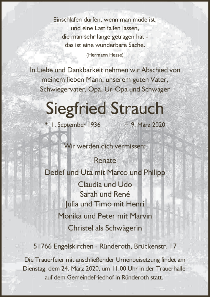  Traueranzeige für Siegfried Strauch vom 18.03.2020 aus  Anzeigen Echo 