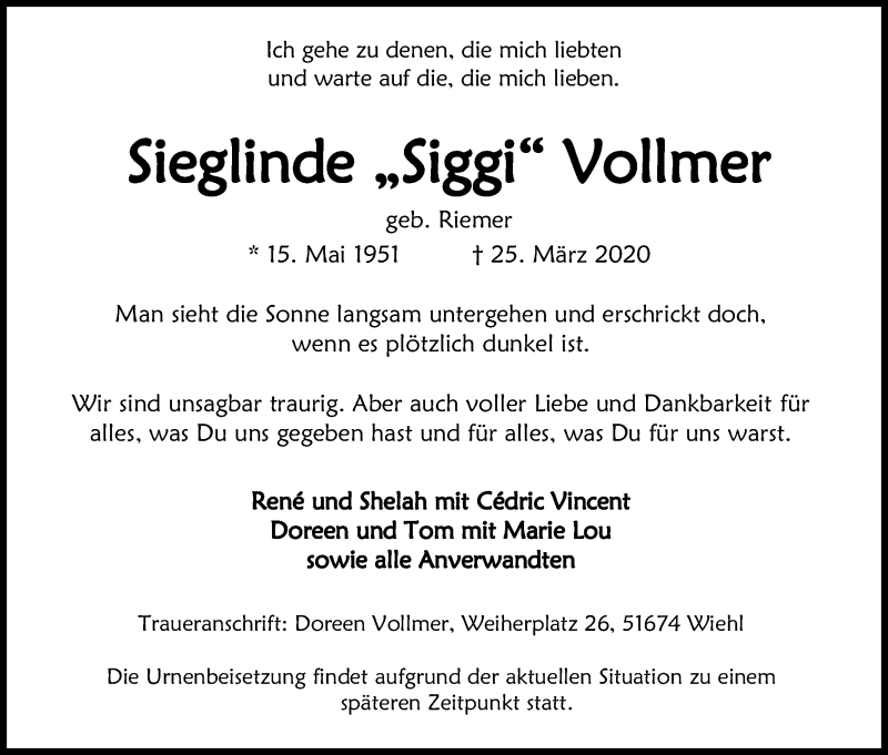  Traueranzeige für Sieglinde Vollmer vom 28.03.2020 aus Kölner Stadt-Anzeiger / Kölnische Rundschau / Express