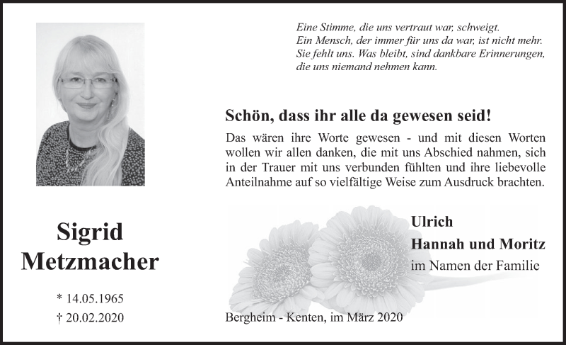  Traueranzeige für Sigrid Metzmacher vom 18.03.2020 aus  Werbepost 