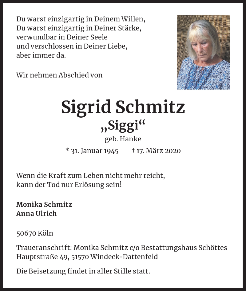  Traueranzeige für Sigrid Schmitz vom 21.03.2020 aus Kölner Stadt-Anzeiger / Kölnische Rundschau / Express