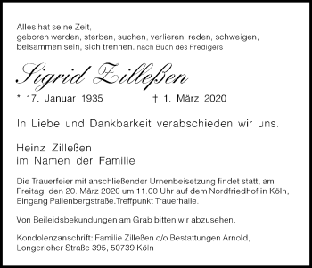 Anzeige von Sigrid Zilleßen von Zeitungsgruppe Köln