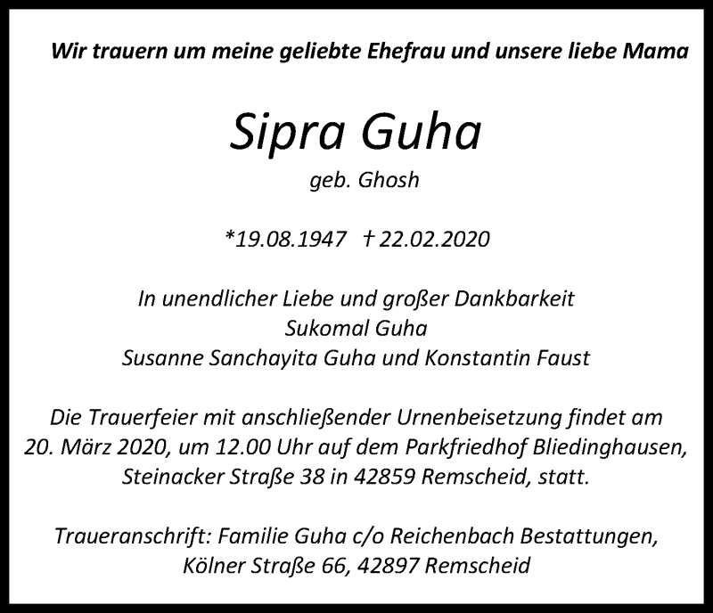  Traueranzeige für Sipra Guha vom 14.03.2020 aus Zeitungsgruppe Köln