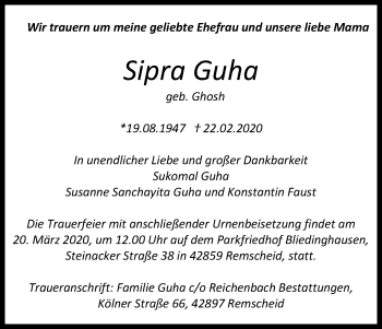 Anzeige von Sipra Guha von Zeitungsgruppe Köln