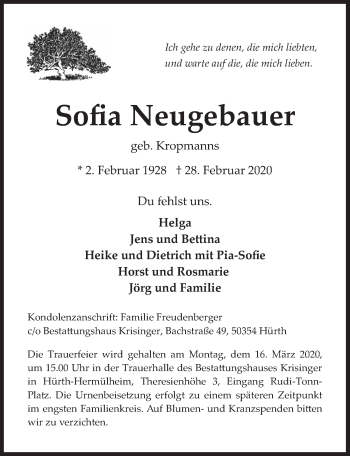 Anzeige von Sofia Neugebauer von  Wochenende 