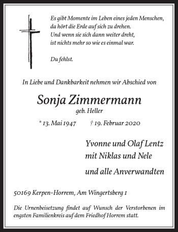 Anzeige von Sonja Zimmermann von  Werbepost 