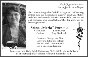 Anzeige von Stana Prunoiu von  Bergisches Handelsblatt 