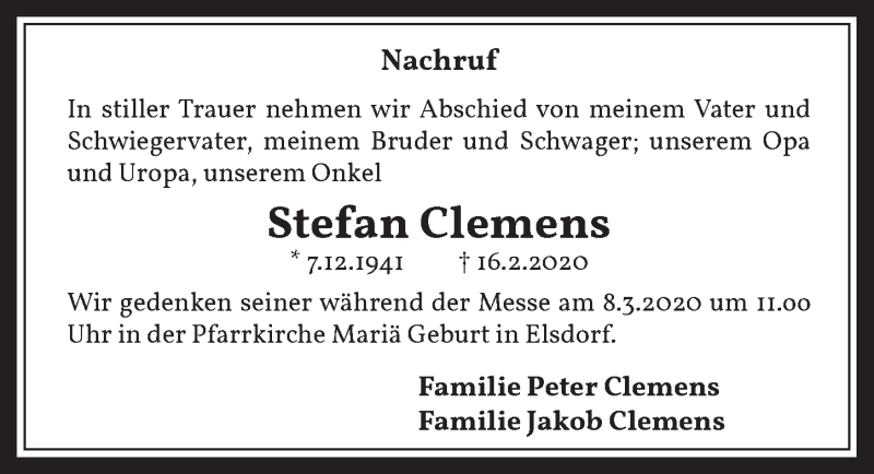  Traueranzeige für Stefan Clemens vom 04.03.2020 aus  Werbepost 