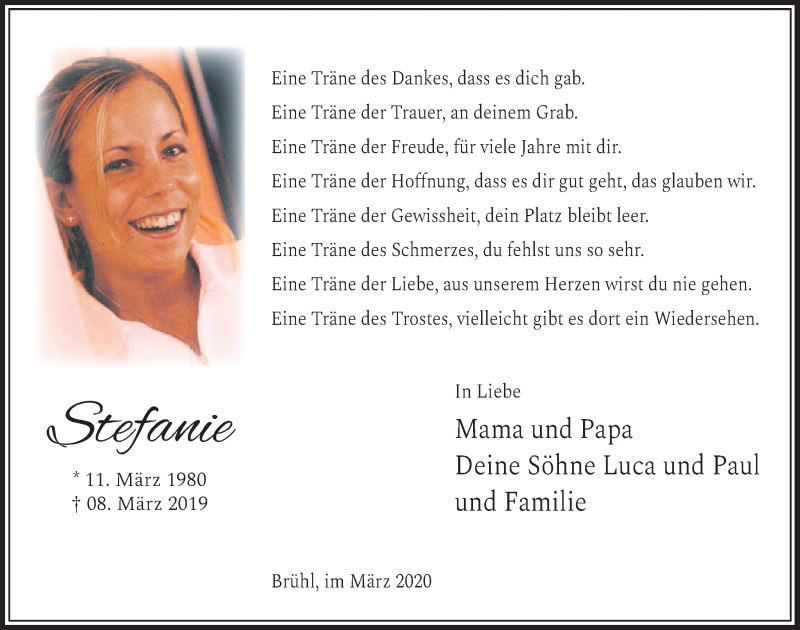  Traueranzeige für Stefanie Wald vom 11.03.2020 aus  Schlossbote/Werbekurier 