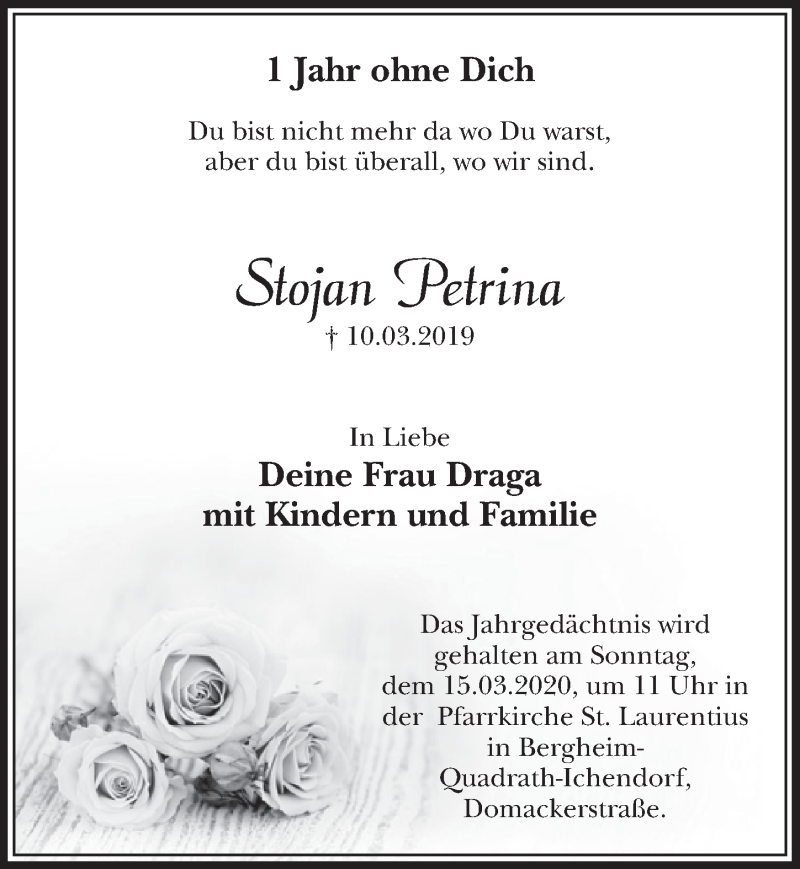  Traueranzeige für Stojan Petrina vom 07.03.2020 aus  Sonntags-Post 