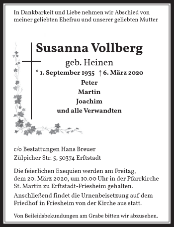 Anzeige von Susanna Vollberg von  Werbepost 