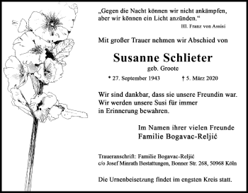 Anzeige von Susanne Schlieter von Zeitungsgruppe Köln