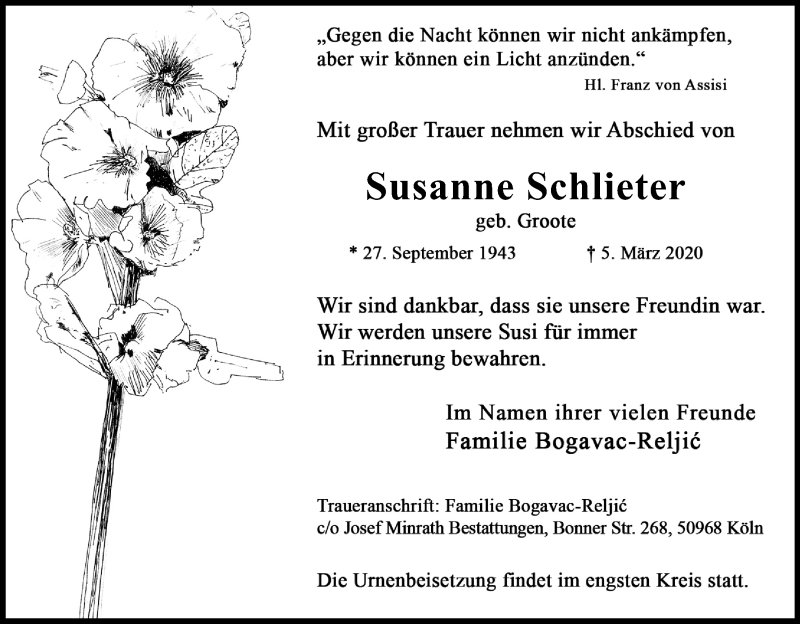  Traueranzeige für Susanne Schlieter vom 14.03.2020 aus Zeitungsgruppe Köln