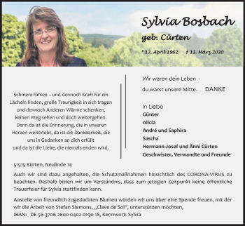 Anzeige von Sylvia Bosbach von Kölner Stadt-Anzeiger / Kölnische Rundschau / Express