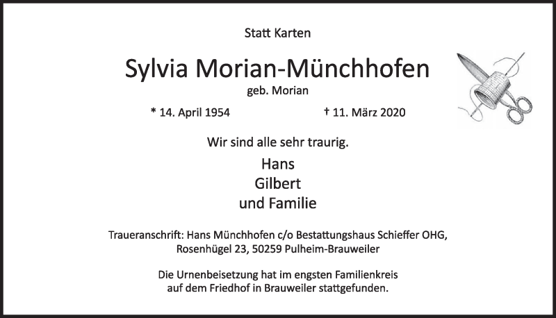  Traueranzeige für Sylvia Morian-Münchhofen vom 21.03.2020 aus  Sonntags-Post 