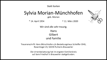 Anzeige von Sylvia Morian-Münchhofen von Kölner Stadt-Anzeiger / Kölnische Rundschau / Express