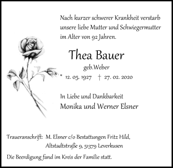Anzeige von Thea Bauer von Kölner Stadt-Anzeiger / Kölnische Rundschau / Express