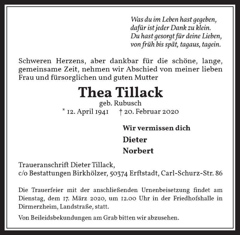  Traueranzeige für Thea Tillack vom 11.03.2020 aus  Werbepost 
