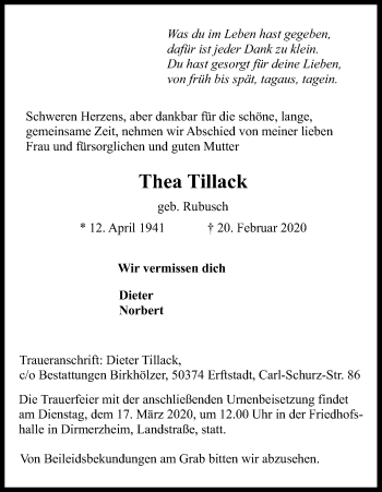 Anzeige von Thea Tillack von Kölner Stadt-Anzeiger / Kölnische Rundschau / Express