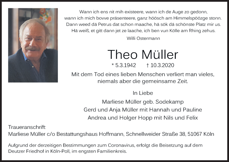  Traueranzeige für Theo Müller vom 21.03.2020 aus Kölner Stadt-Anzeiger / Kölnische Rundschau / Express