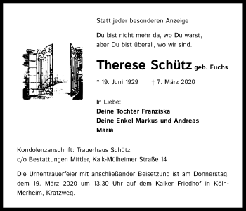 Anzeige von Therese Schütz von Zeitungsgruppe Köln