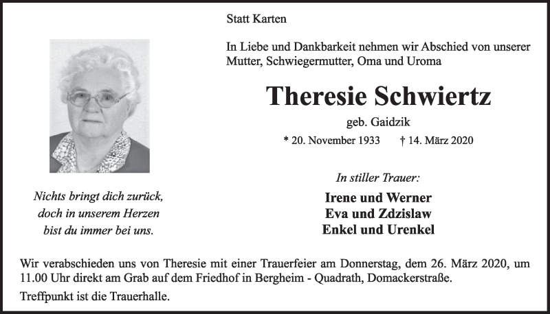  Traueranzeige für Theresie Schwiertz vom 21.03.2020 aus  Sonntags-Post 
