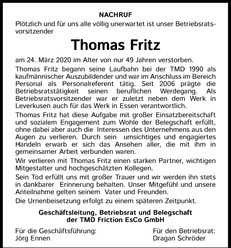  Traueranzeige für Thomas Fritz vom 01.04.2020 aus Kölner Stadt-Anzeiger / Kölnische Rundschau / Express