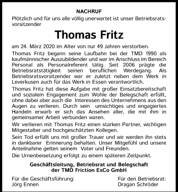Anzeige von Thomas Fritz von Kölner Stadt-Anzeiger / Kölnische Rundschau / Express