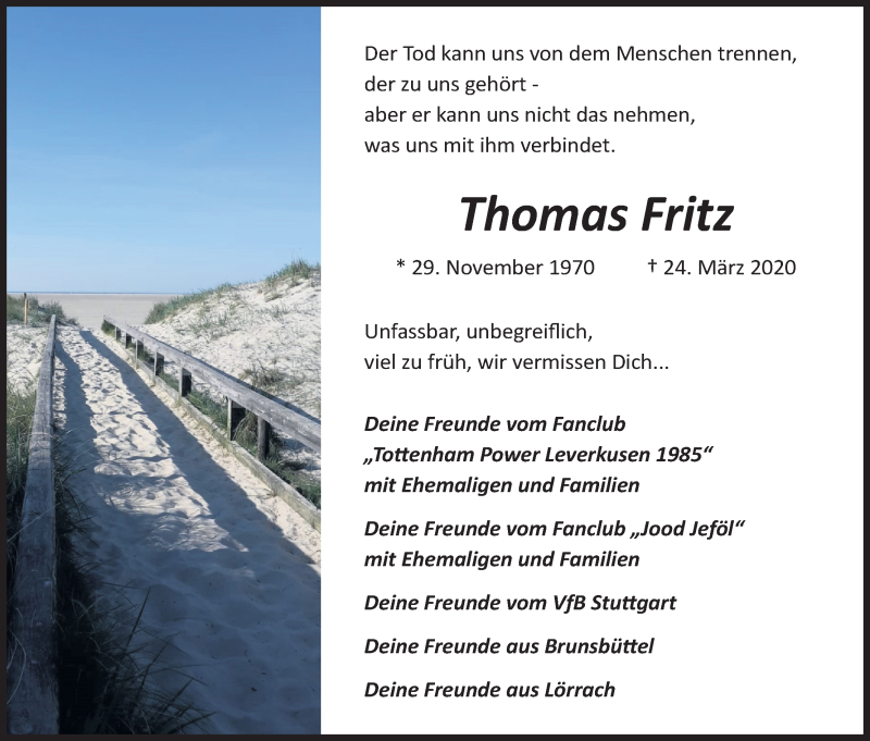  Traueranzeige für Thomas Fritz vom 01.04.2020 aus Kölner Stadt-Anzeiger / Kölnische Rundschau / Express