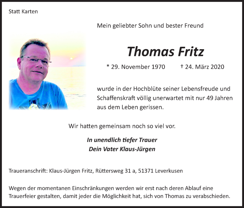  Traueranzeige für Thomas Fritz vom 01.04.2020 aus Kölner Stadt-Anzeiger / Kölnische Rundschau / Express