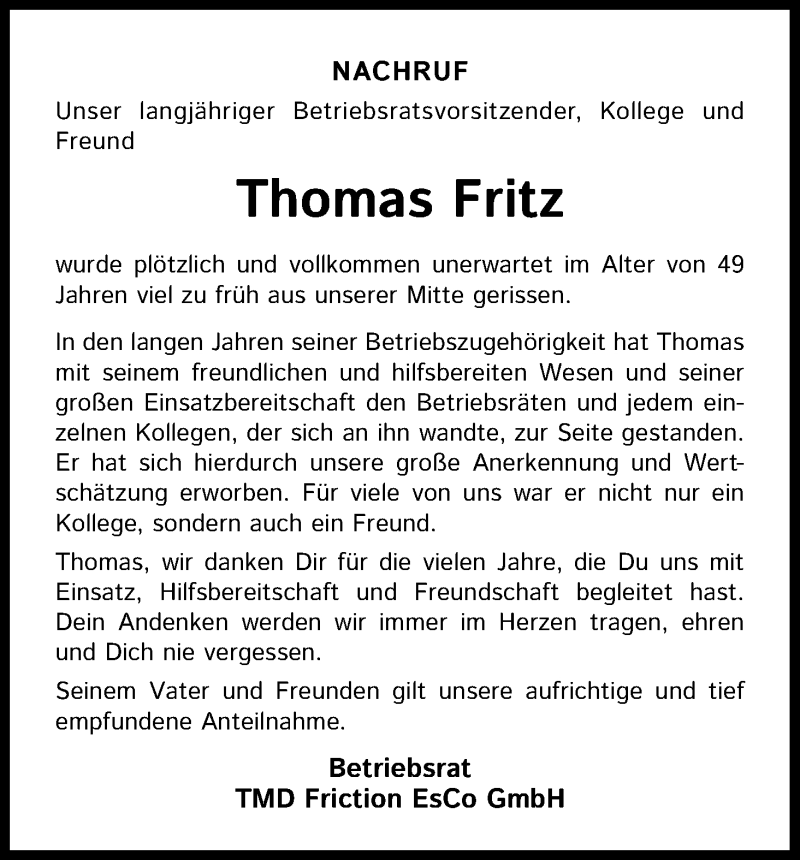  Traueranzeige für Thomas Fritz vom 01.04.2020 aus Kölner Stadt-Anzeiger / Kölnische Rundschau / Express