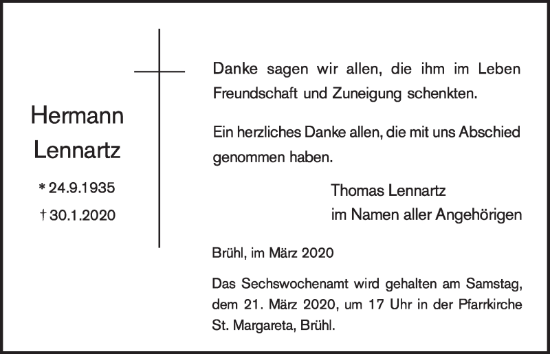  Traueranzeige für Thomas Lennartz vom 11.03.2020 aus  Schlossbote/Werbekurier 