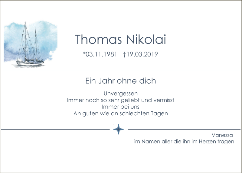  Traueranzeige für Thomas Nikolai vom 18.03.2020 aus  Anzeigen Echo 