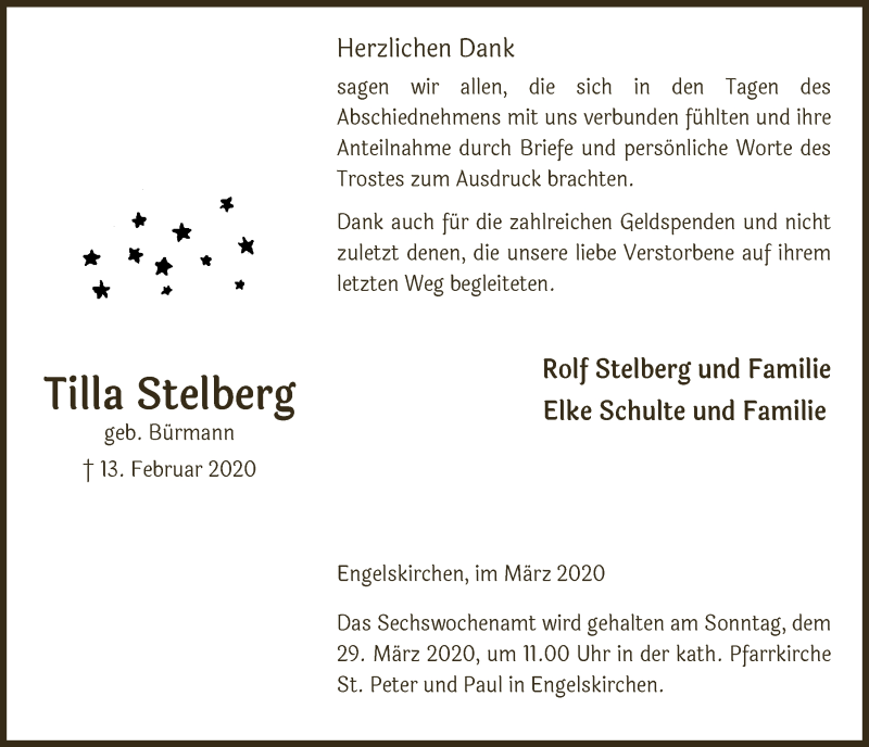  Traueranzeige für Tilla Stelberg vom 18.03.2020 aus  Anzeigen Echo 