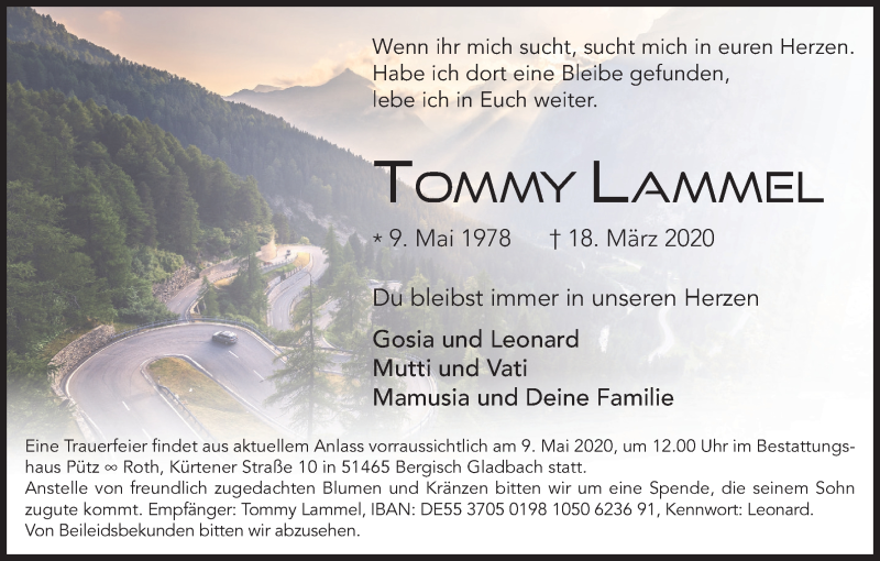  Traueranzeige für Tommy Lammel vom 28.03.2020 aus Kölner Stadt-Anzeiger / Kölnische Rundschau / Express