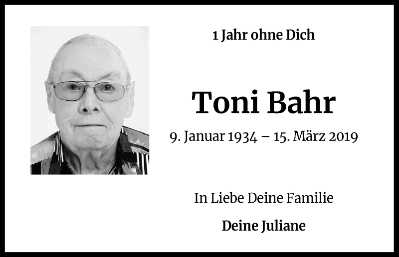  Traueranzeige für Toni Bahr vom 14.03.2020 aus Zeitungsgruppe Köln