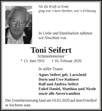 Anzeige von Toni Seifert von  Schaufenster/Blickpunkt  Schlossbote/Werbekurier 